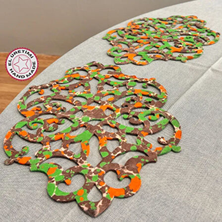 Uretti - Gülin 6449 - Ebru Sanatı İle Elde Yapılmış Lazer Kesim Keçe Supla 2li Takım 40cm - Kahverengi