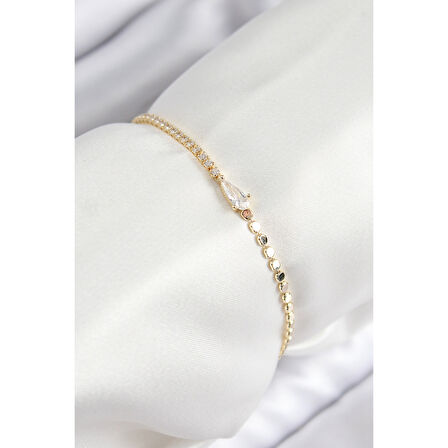 Pirinç Zirkon Taşlı Damla Model Ezme Zincir Gold Renk Kadın Bileklik