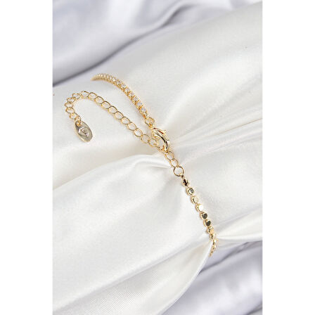 Pirinç Zirkon Taşlı Damla Model Ezme Zincir Gold Renk Kadın Bileklik