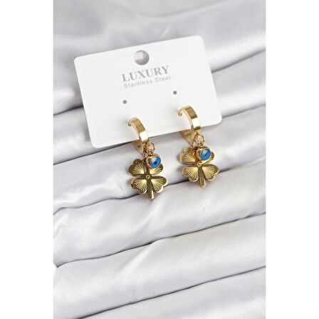 316L Çelik Nazarlı Yonca Model Kadın Küpe