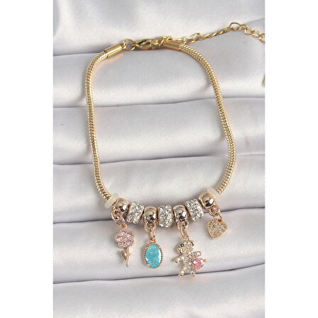 Pirinç Gold Renk Zincir Sallantı Zirkon Taşlı Ayıcık Figür Çiçek Detay Kadın Bileklik