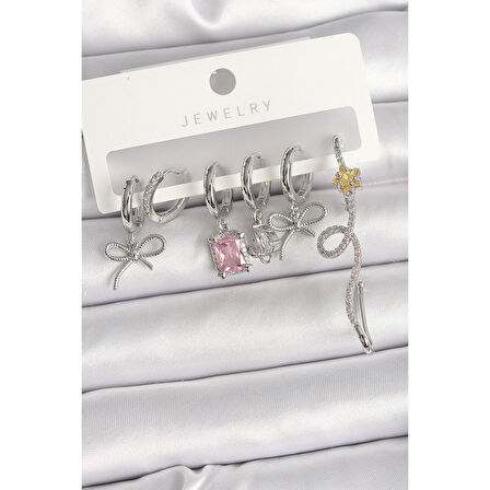 Pirinç Gümüş Renk Sallantı Kurdele Kuyruklu Yıldız Figür Pembe Kare Zirkon Taş Detay Kadın Küpe Seti