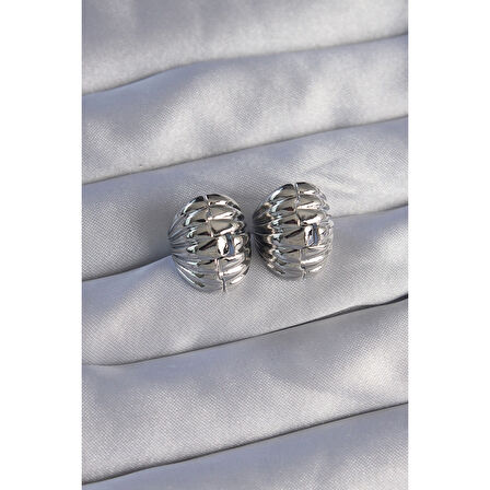 Pirinç Gümüş Renk Tırtıklı Minimal Bombeli Tasarım Küpe