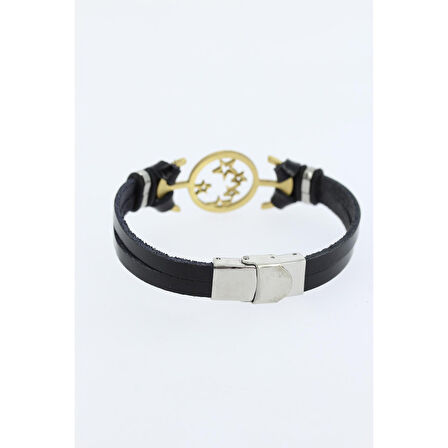 Gold Renk Yıldız Figürlü Metal Aksesuarlı Siyah Renk Deri Erkek Bileklik