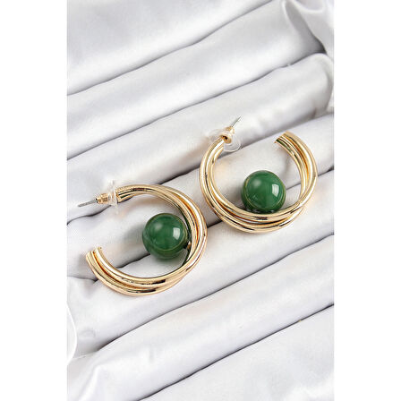 Pirinç Gold Renk Halka Model Yeşil Boncuk Detay Kadın Küpe