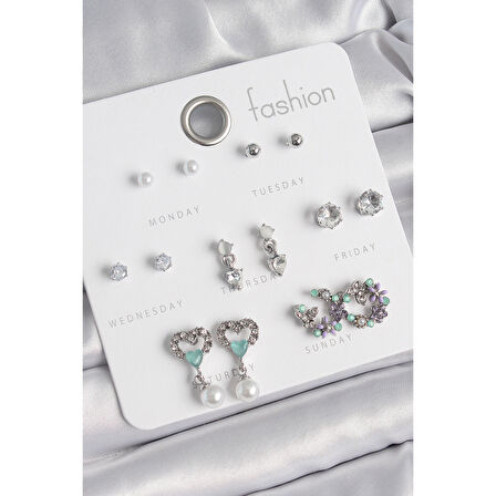 Pirinç Gümüş Renk Zirkon Taşlı Sallantılı Kalp Model Çiçek Detay 7 Çift Kadın Küpe Seti