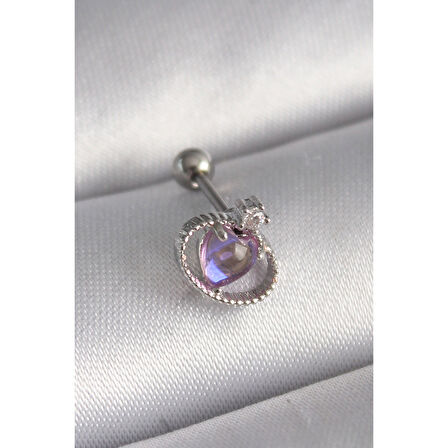 316l Çelik Gümüş Renk Mor Mineli Kalp Zirkon Taş Detay Tragus Piercing - Tj-pr1273