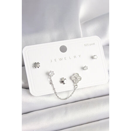 925 Ayar Gümüş Çivi Pirinç Gümüş Renk Zirkon Taşlı Yonca Model Sallantı Zincir Detay Kadın Küpe Seti