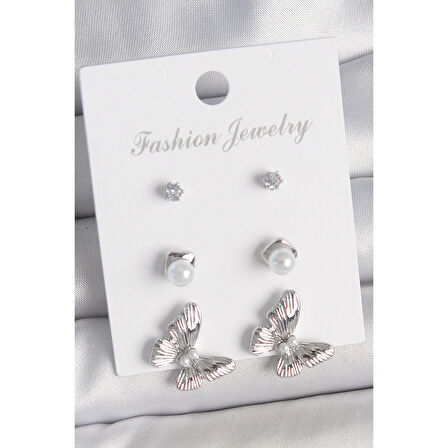 Pirinç Gümüş Renk Zirkon Taşlı İnci Detaylı Kelebek Model 3 Çift Kadın Küpe Seti