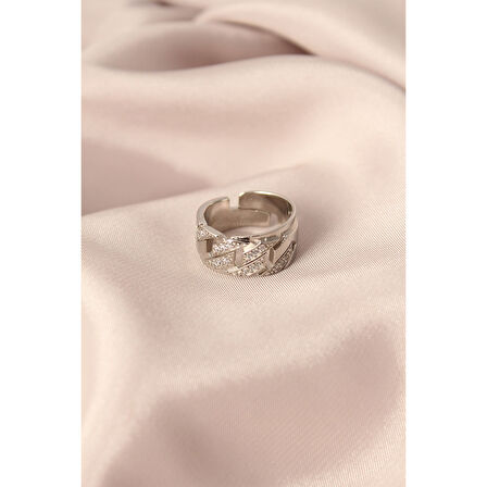 Gümüş Renk Metal Zirkon Taşlı Ayarlanabilir Kadın Yüzük