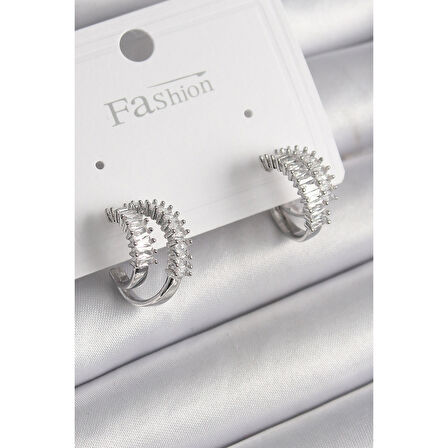 Pirinç Gümüş Renk 2'Li Zirkon Taşlı Halka Model Kadın Küpe