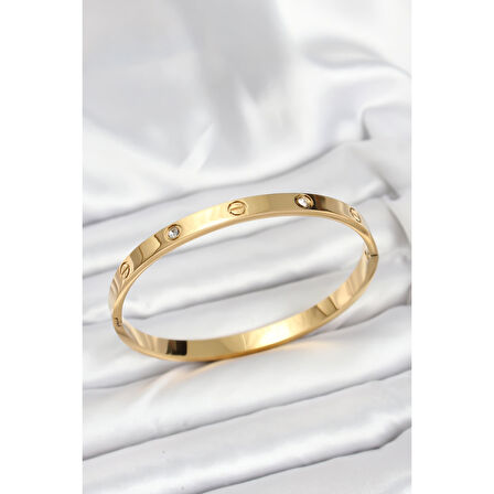 316L Çelik Gold Renk Zirkon Taşlı 65 mm Kadın Kelepçe Bileklik