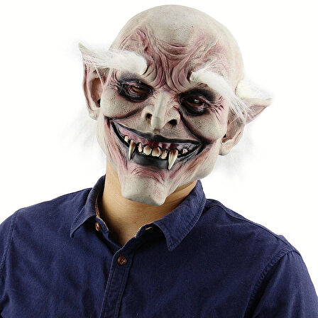 Korku Zombi Maskesi Beyaz Saçlı Kaşlı Lateks Vampir Maskesi Et Maske (4915)