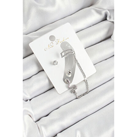 Pirinç Yılan Figürlü Zirkon Taşlı Gümüş Renk 3'lü Kıkırdak Kadın Küpe Set