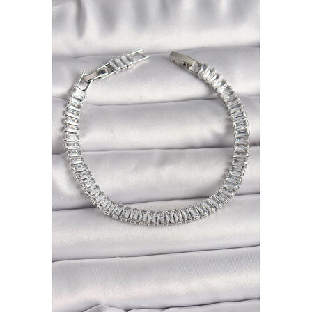 Pirinç Gümüş Renk Zirkon Taşlı Su Yolu Model Kadın Bileklik