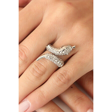 Gümüş Renk Zirkon Taşlı Ayarlanabilir Kadın Yılan Yüzük