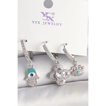 Pirinç Gümüş Renk Zirkon Taşlı Fatma Ana Yonca Figür Göz Detay 3'Lü Kadın Kombin Küpe