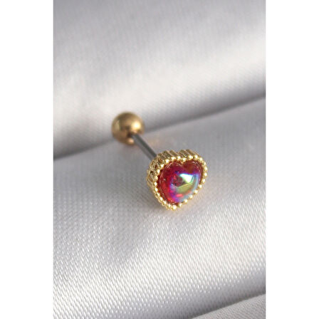 316l Çelik Gold Renk Kırmızı Mineli Kalp Tragus Piercing - Tj-pr1266