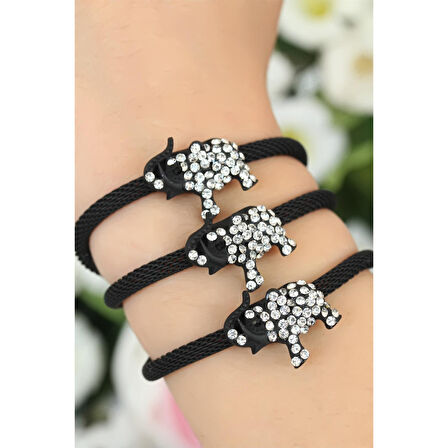 Siyah  Zirkon Taşlı Fil Aksesuarlı Metal Bayan Bileklik