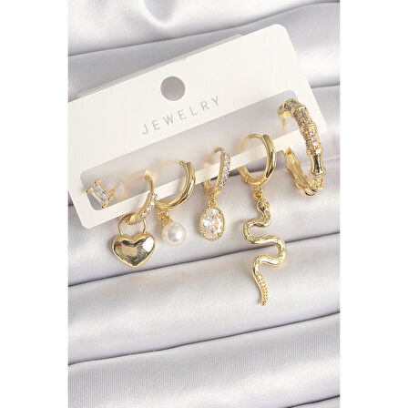 Pirinç Gold Renk Sallantı Yılan Model Zirkon Taşlı Halka Kilit Kalp Detay Kadın Küpe Seti