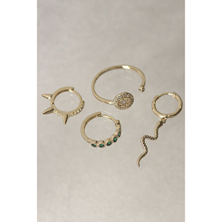 Yeşil Zirkon Taş Detaylı Yılan Model Küpe ve Yüzük Seti