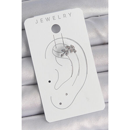 Pirinç Gümüş Renk Zirkon Taşlı Yaprak Model Kıkırdak Kadın Küpe