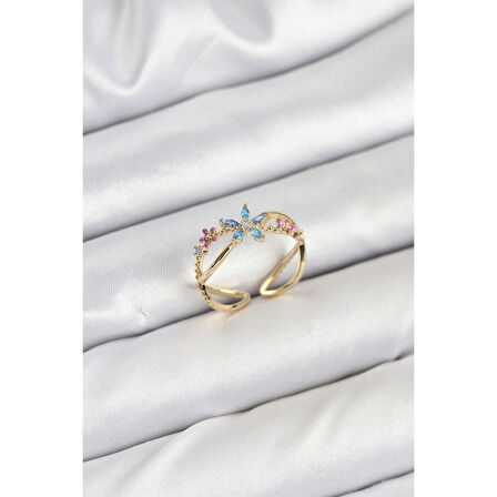 Pirinç Gold Renk Zirkon Taşlı Mavi Çiçekli Kadın Yüzük