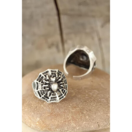 Eskitme Gümüş Renk Örümcek Figürlü Erkek Ayarlamalı Yüzük