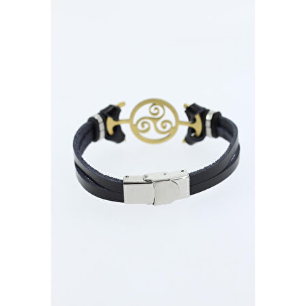 Gold Renk Metal Aksesuarlı Siyah Renk Deri Erkek Bileklik