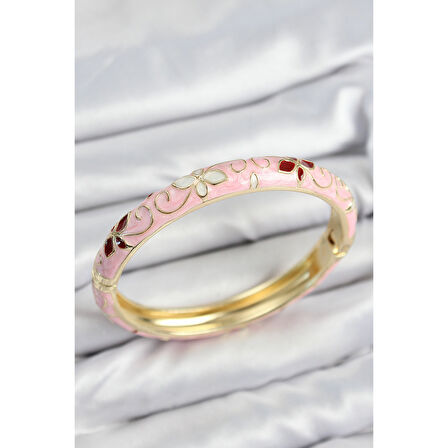 Mineli Pirinç Pembe Çiçek Motifli Gold Kadın Kelepçe