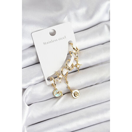 Pirinç Gold Renk Ay Model Kadın Set Küpe