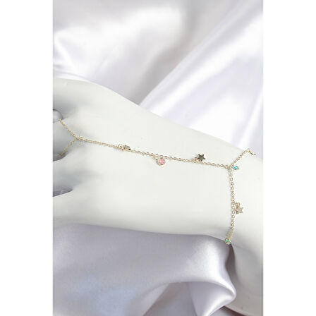 Pirinç Renkli Zirkon Taşlı Sallantılı Yıldızlı Model Gold Renk Kadın Şahmeran