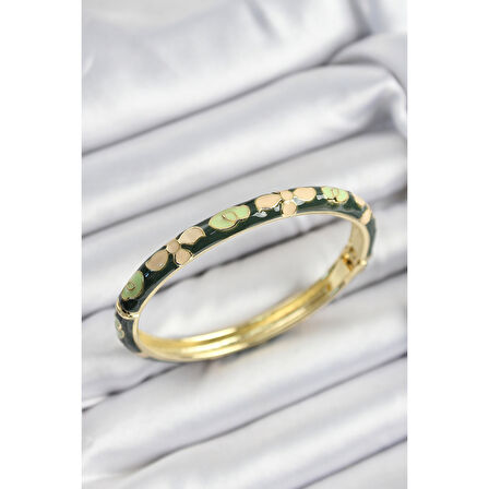 Mineli Pirinç Krem Ve Yeşil Çiçek Motifli Gold Renk Kadın Kelepçe