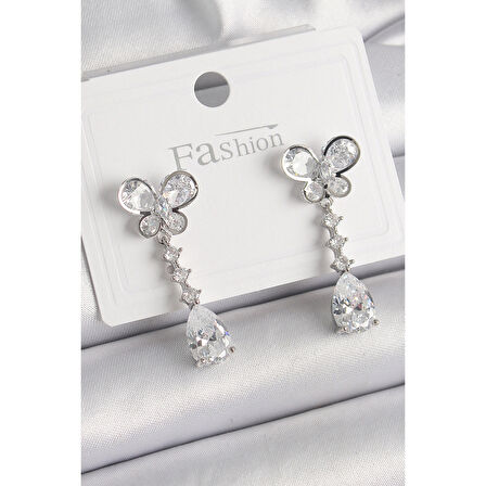 Pirinç Gümüş Renk Kelebek Model Sallantı Damla Zirkon Taşlı Kadın Küpe