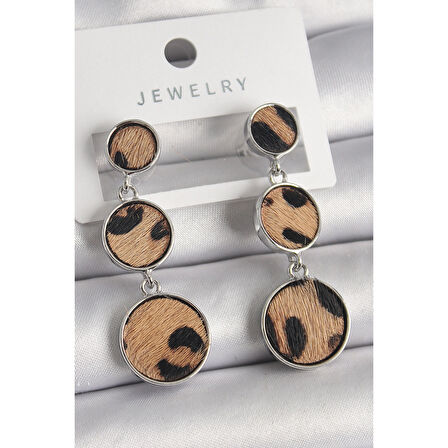 Pirinç Gümüş Renk 3'Lü Daire Plaka Leopar Desenli Kadın Küpe