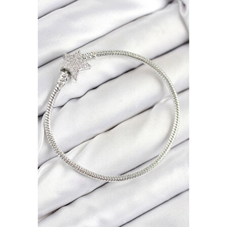 Pirinç Charm Zirkon Taşlı Yıldız Model Gümüş Renk Kadın Bileklik