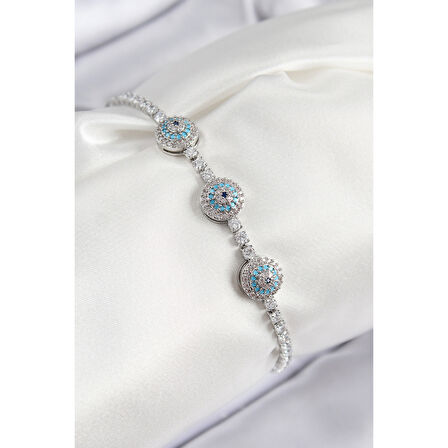 Pirinç Zirkon Taşlı Nazar Model Gümüş Renk Kadın Bileklik