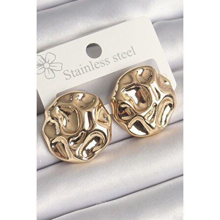 Pirinç Gold Renk İşlemeli Daire Plaka Model Kadın Küpe