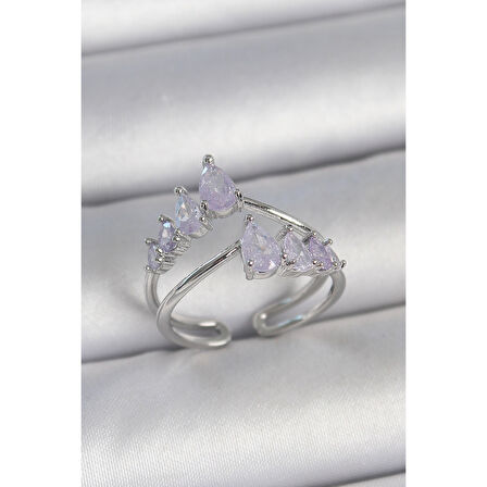 Pirinç Gümüş Renk Mor Damla Zirkon Taşlı Taç Model Kadın Yüzük