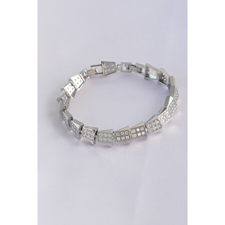 Vip Seri Pirinç Zirkon Taşlı Gümüş Renk Geometrik Bileklik