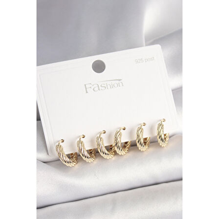 925 Ayar Gümüş Çivi Pirinç Gold Renk İşlemeli Halka Model Kadın Küpe Seti