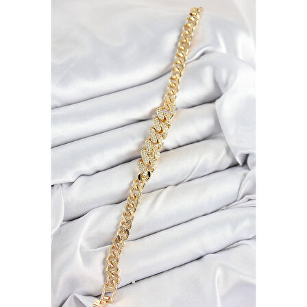 Pirinç Zirkon Taşlı Küba Zincir Model Gold Renk Kadın Bileklik