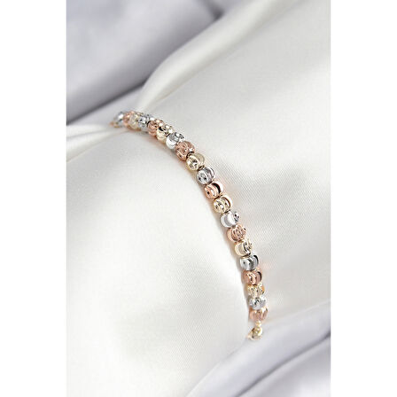 Pirinç Sıralı Boncuk Model Gold Gümüş Roz Renk Asansörlü Kadın Bileklik