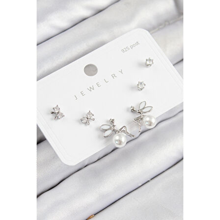 Pirinç Zirkon Taşlı İnci Melek Model Gümüş Renk 925 Ayar Gümüş Çivi Kadın Küpe Set