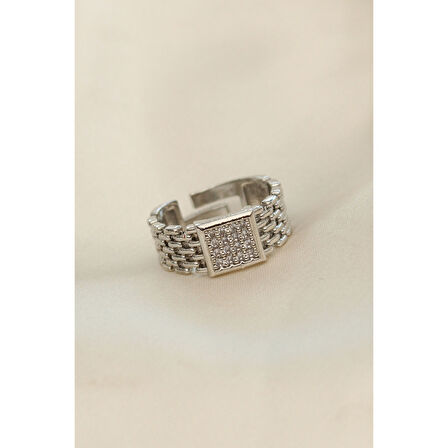 Ayarlamalı Gümüş Renk Kare Zirkon Taşlı Yüzük