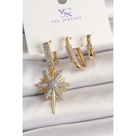 Pirinç Gold Renk Sallantı Zirkon Taşlı Kutup Yıldız Model 3'Lü Kadın Kombin Küpe