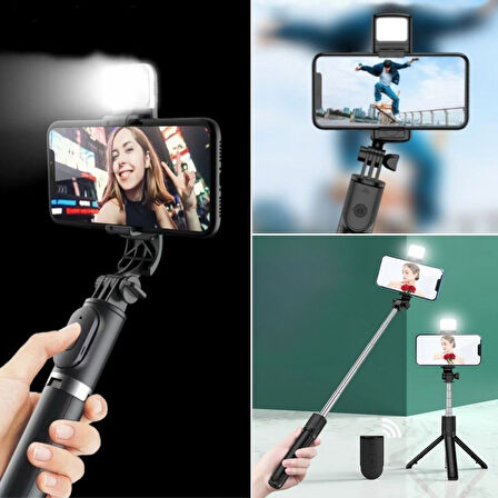 Buffer® Kendiliğinden Işıklı Masaüstü Tripod Olabilen Telefon Tutuculu Kablosuz Kumandalı Selfie Çubuğu