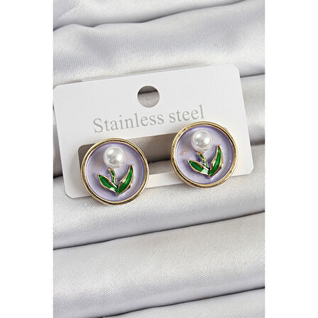 Pirinç Mor Mineli Lale Figürlü Sanatsal Portre Model Gold Renk Kadın Küpe