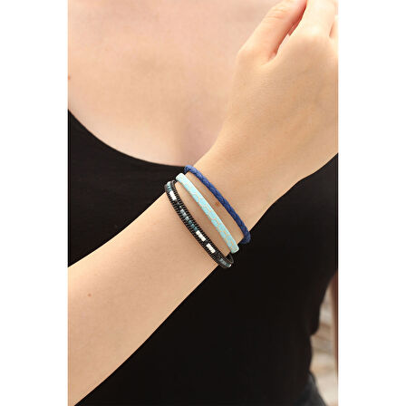 Mavi Renk Desenli Tasarımlı Taşlı Lacivert Örgü Model Kadın Deri Bileklik