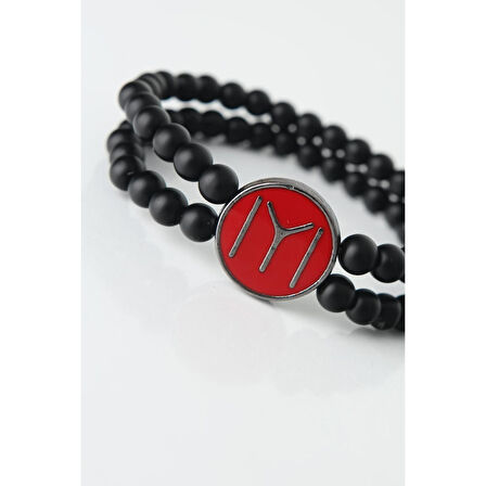 Bordo Renkli Metal Üzerine Füme Kayı Boyu Figürlü Siyah Renk Çift Sıra Doğal Taş Erkek Bileklik